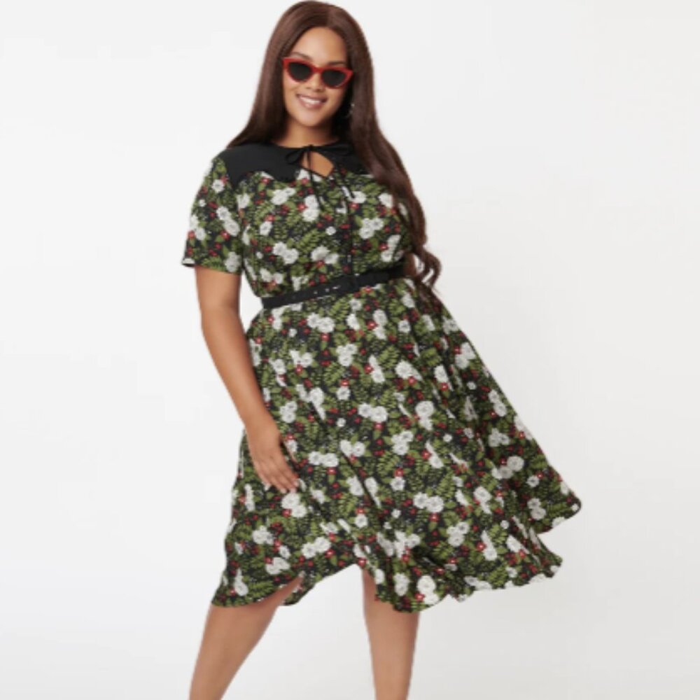 Unique Vintage Green Midi Dress Flutter Sleeves Peter Pan Collar